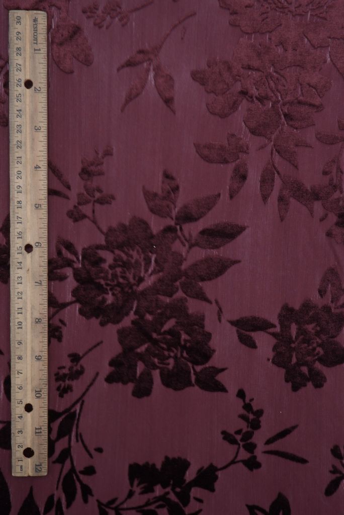 KNT3869-MS11375 / BURGUNDY / 65%P 27%N 8%S VELVET BURNOUT FLORAL PRINT