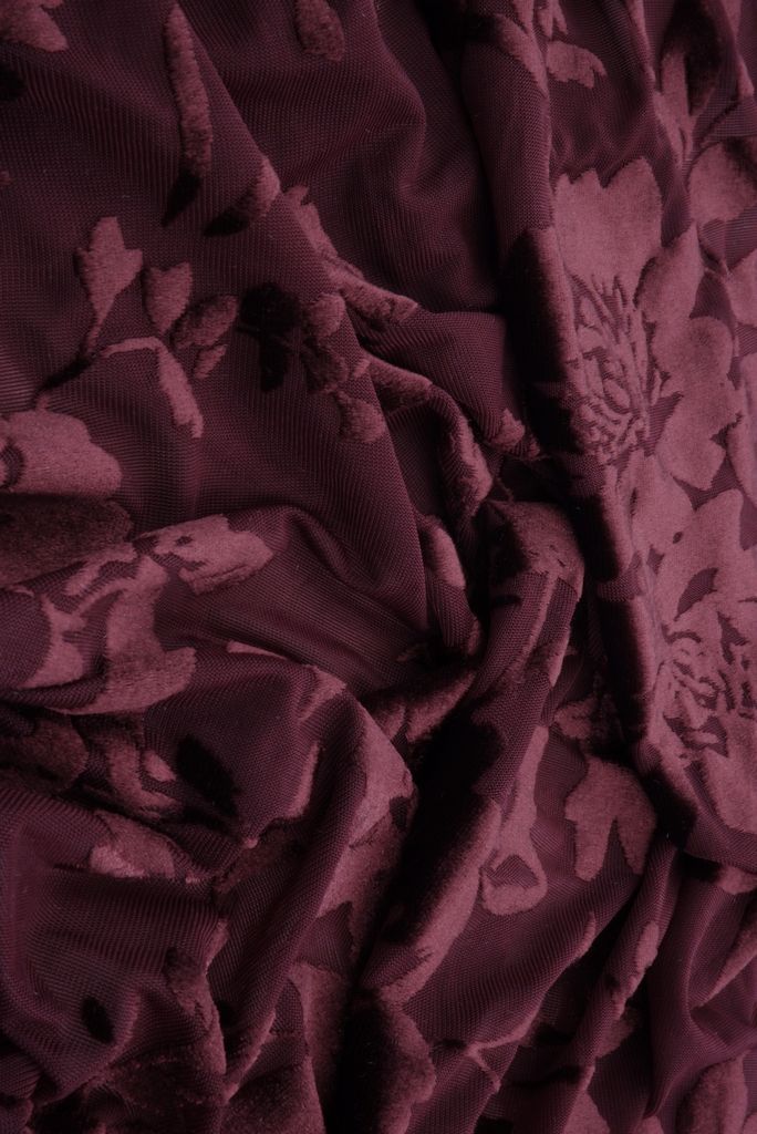 KNT3869-MS11375 / BURGUNDY / 65%P 27%N 8%S VELVET BURNOUT FLORAL PRINT