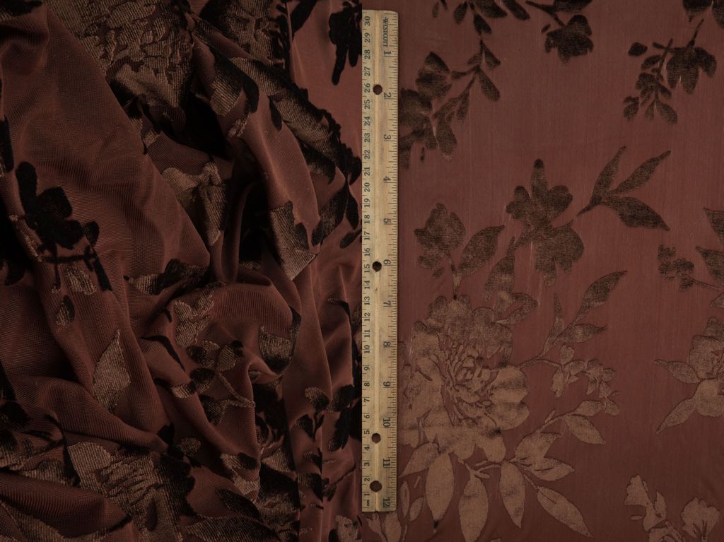 KNT3869-MS11375 / BROWN / 65%P 27%N 8%S VELVET BURNOUT FLORAL PRINT