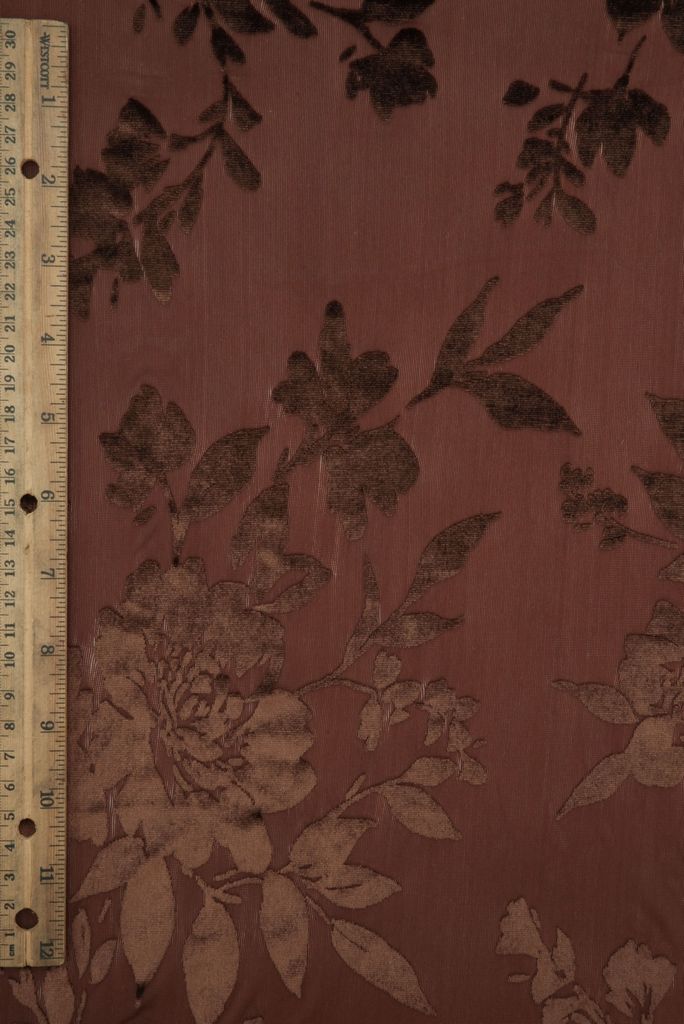 KNT3869-MS11375 / BROWN / 65%P 27%N 8%S VELVET BURNOUT FLORAL PRINT