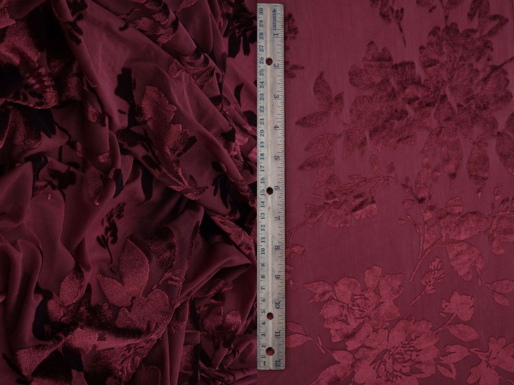 KNT3869-MS11375 / WINE / 65%P 27%N 8%S VELVET BURNOUT FLORAL PRINT