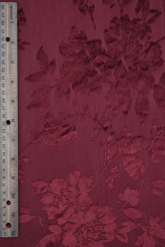 KNT3869-MS11375 / WINE / 65%P 27%N 8%S VELVET BURNOUT FLORAL PRINT