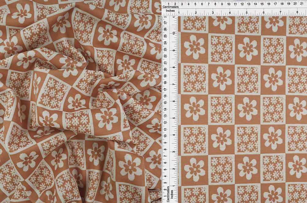 KNT4445 / TAN / 97%P 3%SP DOUBLE KNIT JACQUARD FLOWER CHECKER