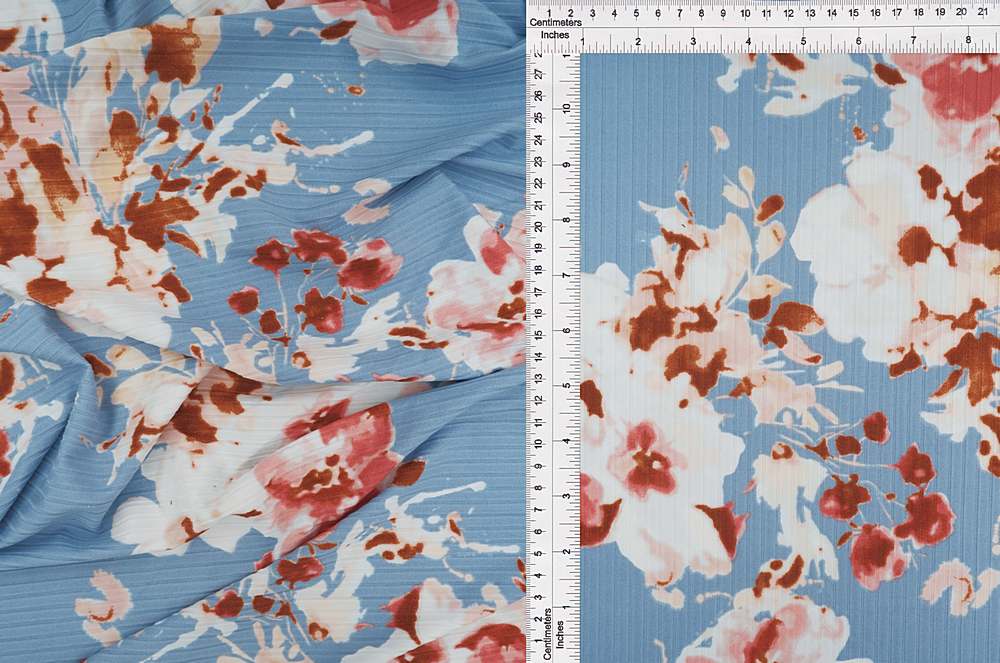 KNT4135-MS10320 / CHAMBRAY / 87%POLY 13%SPAN 8X3 YUMMY RIB FLORAL PRINT