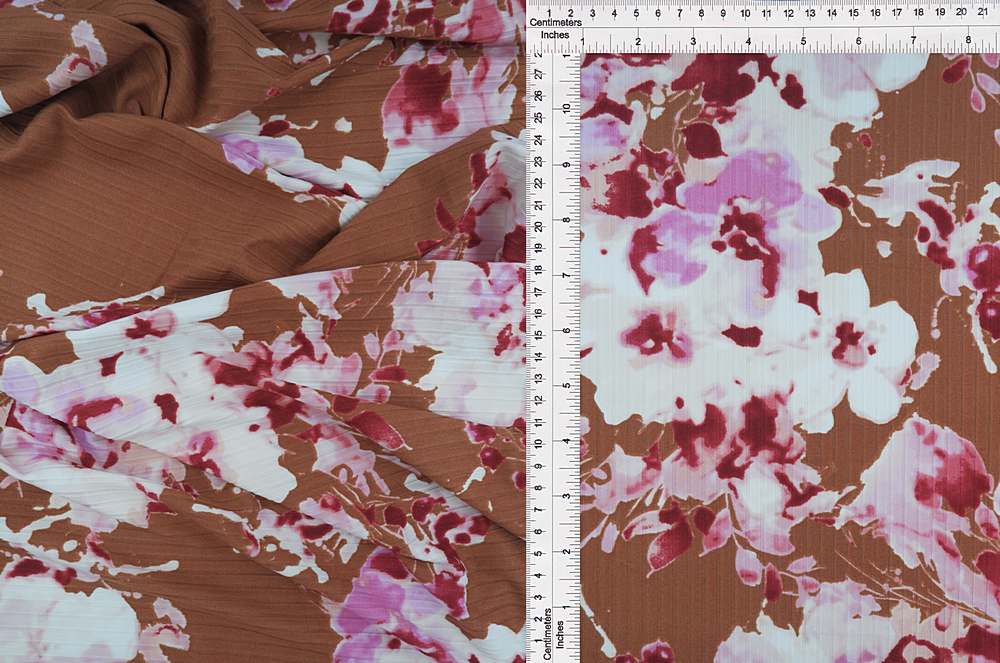 KNT4135-MS10320 / BROWN LT / 87%POLY 13%SPAN 8X3 YUMMY RIB FLORAL PRINT
