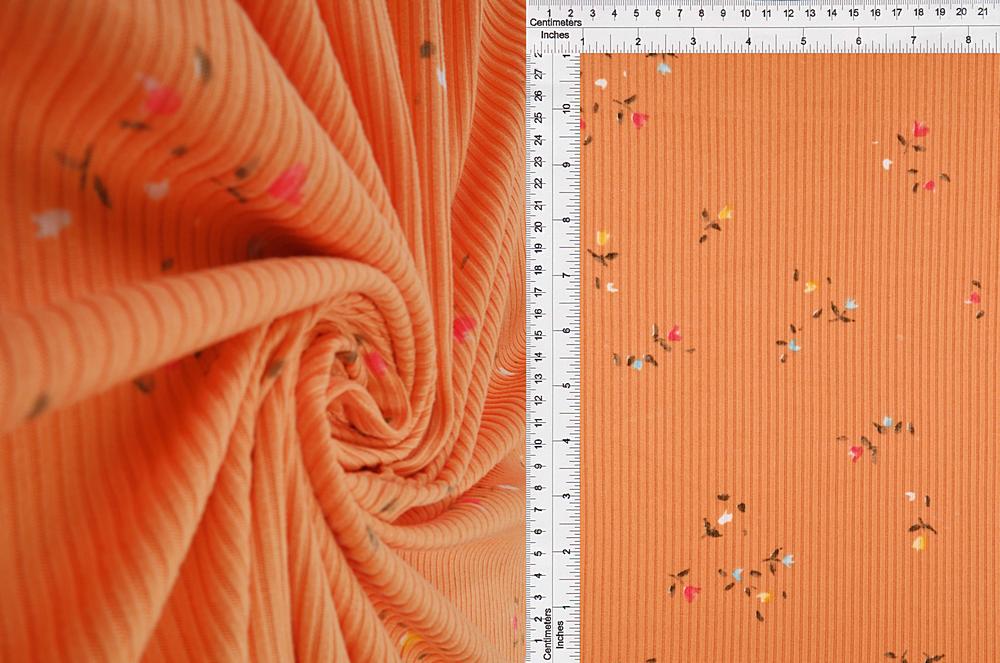 KNT3422-MS10301 / ORANGE / 87%POLY 13%SPAN 4X2 YUMMY RIB DITSY FLORAL/FLOWER