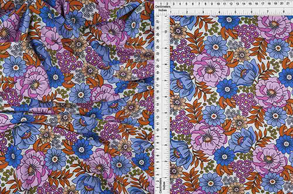 KNT2100-MS10008 / IVORY/BLUE / 96%POLY 4%SPAN DTY BRUSH FLORAL/FLOWER 60S-70S