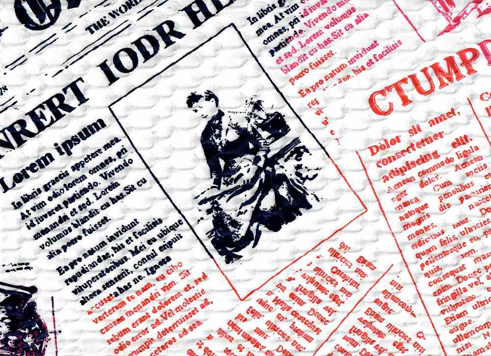 KNT4360-Q00708 / BLACK/RED / 93%POLY 7%SPAN HONEYCOMB KNIT NEWSPAPER PRINT