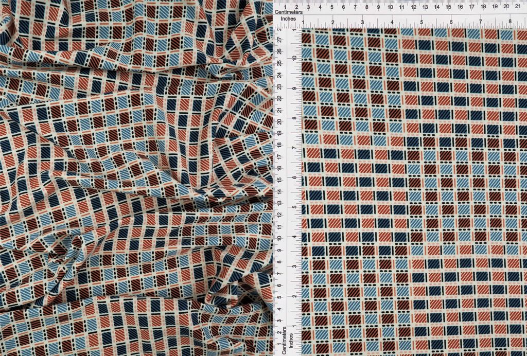 KNT2100-MS10102 / BEIGE/DENIM / 95%POLY 5%SPAN DTY BRUSH GEO/CHECKER